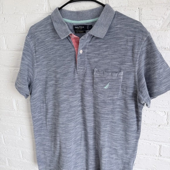 Nautica Polo Shirt 1/4 Button Men's Size L Heathered  Blue Short Sleeve - Picture 2 of 7